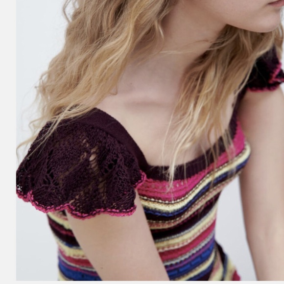 Zara Special Edition crochet knit striped maxi dress ruffled straps size small - Picture 6 of 9